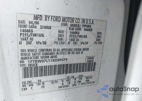 2001 Ford F-150 Harley-Davidson Edition/King Ranch Edition/Lariat/Xlt from USA, damaged, VIN 1FTRW07L11KD89579